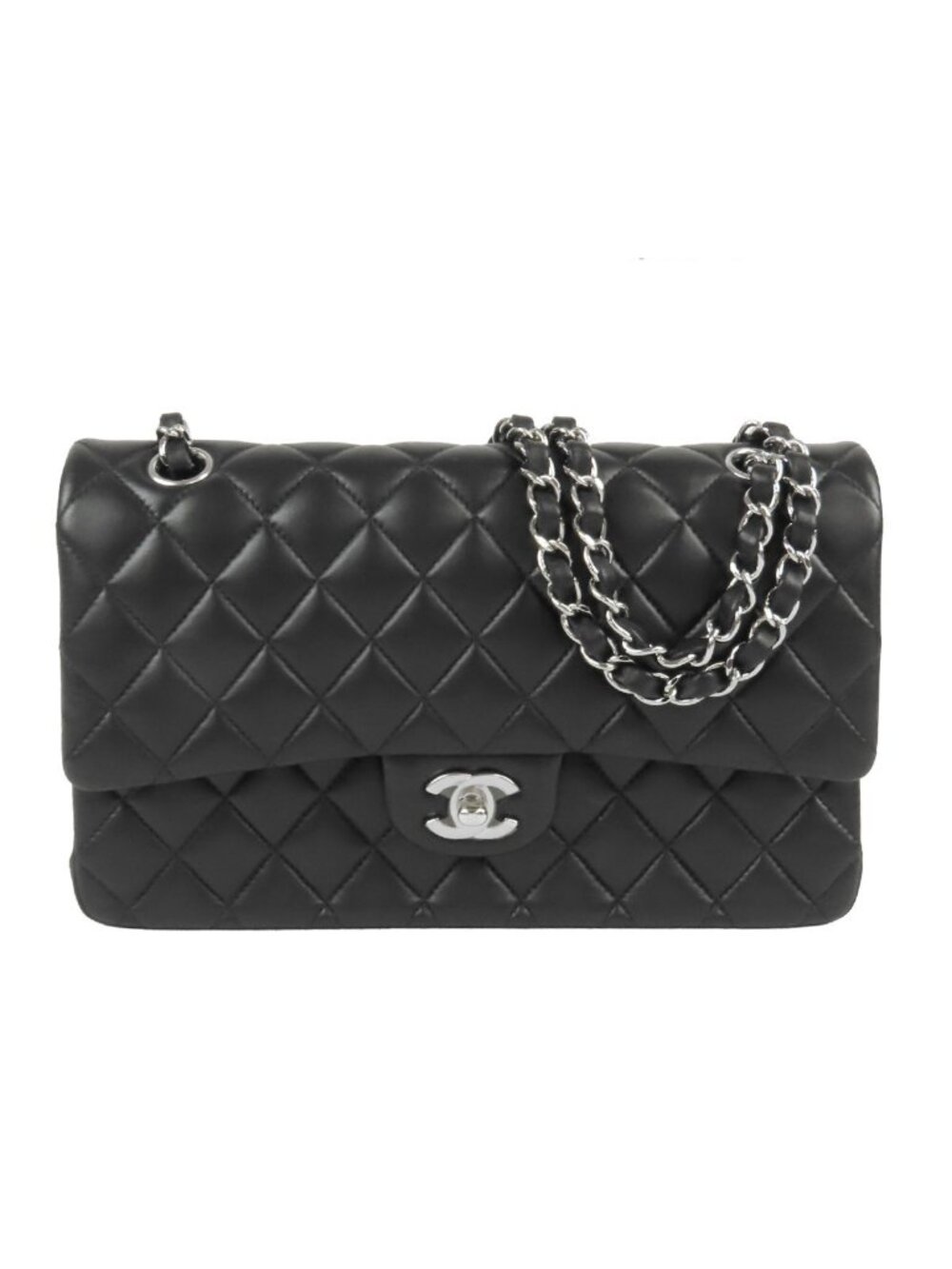 Chanel Chain Shoulder Bag Black Silver Lambskin Quilted 25 Double Flap